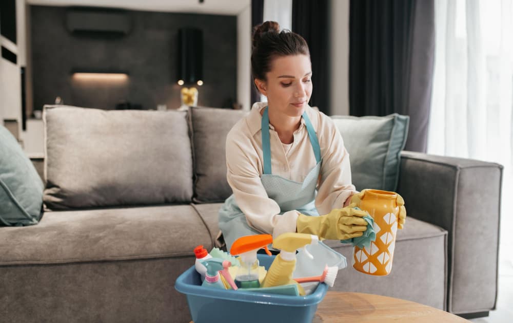 Cleaner wiping kitchen counter during apartment cleaning in Belgrade