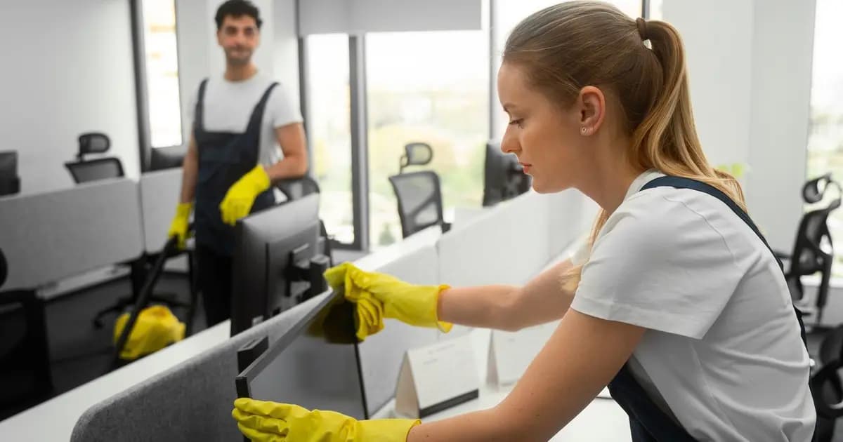 Cleaner disinfecting desks in a modern office space in Belgrade